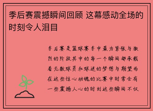 季后赛震撼瞬间回顾 这幕感动全场的时刻令人泪目